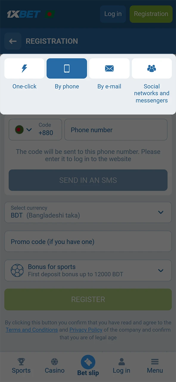 Choose your preferred registration method to join 1xBet in Bangladesh.