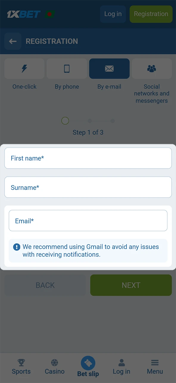 Enter your personal details to finish the 1xBet registration process.