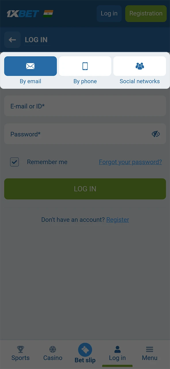 Choose a secure login method to access your 1xBet registration account.