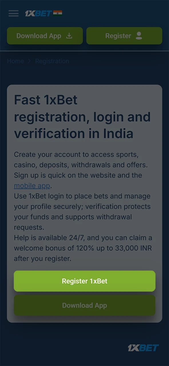 Click the button to initiate the login process for your 1xBet registration.
