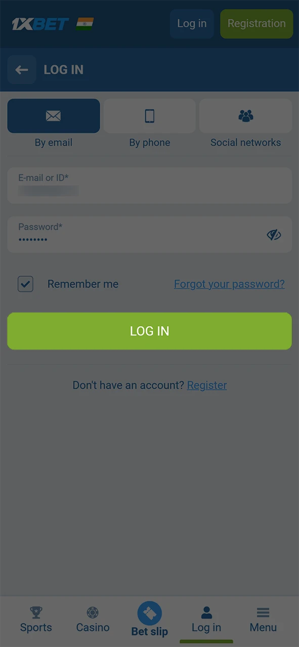 Tap the login button to finalize entry into your 1xBet registration dashboard.