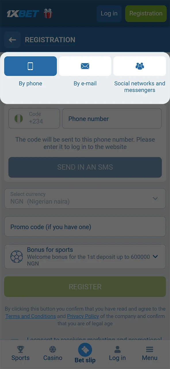 Choose your preferred registration method on the official 1xBet platform.