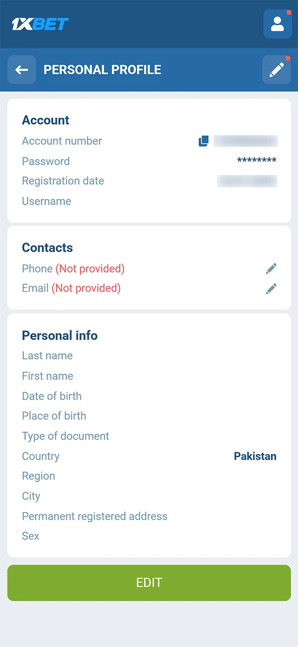 Fill in your personal profile info accurately to start the 1xBet verification process.